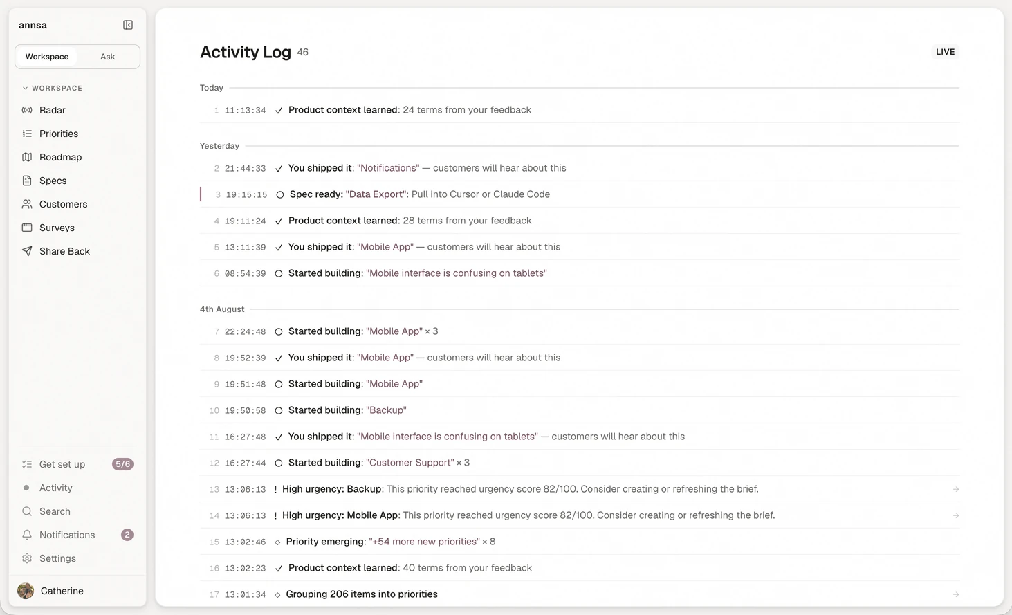 Annsa's activity log: context learned, specs made ready and features shipped.