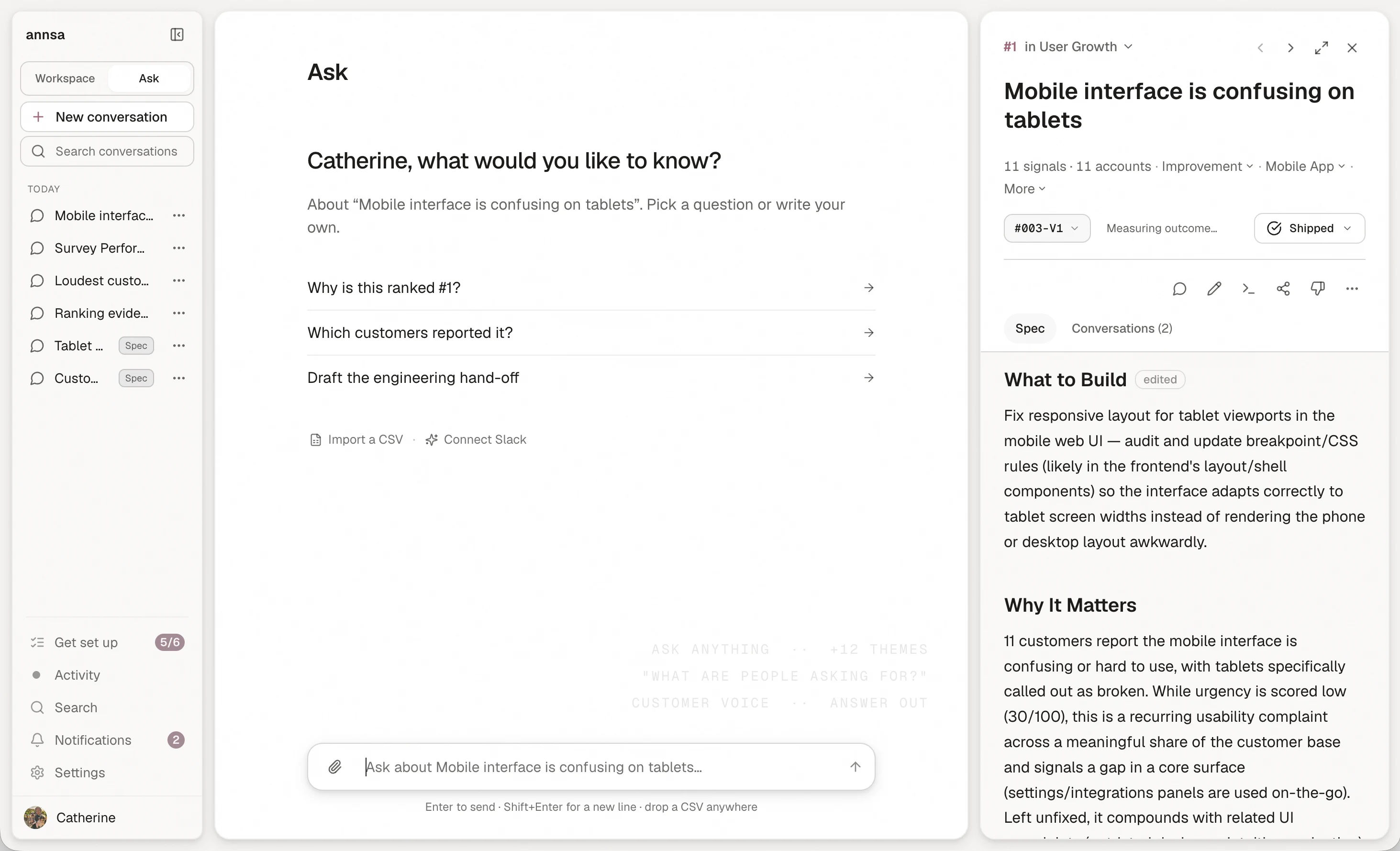 Ask on its starting screen, offering Import a CSV and Connect Slack beneath three suggested questions.