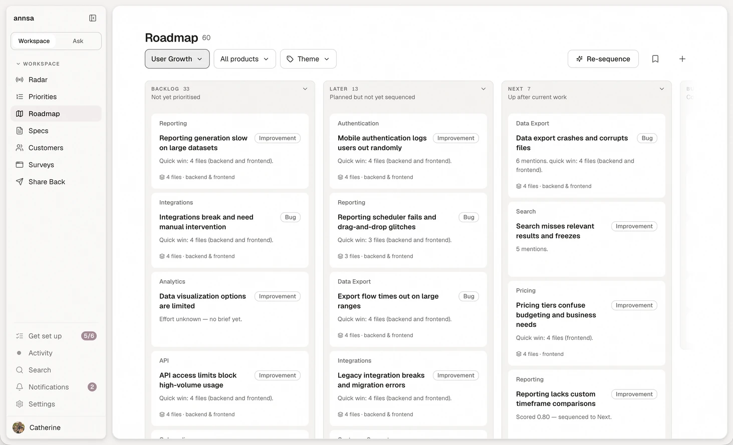 Annsa's roadmap: 60 priorities sequenced into Backlog 33, Later 13 and Next 7.