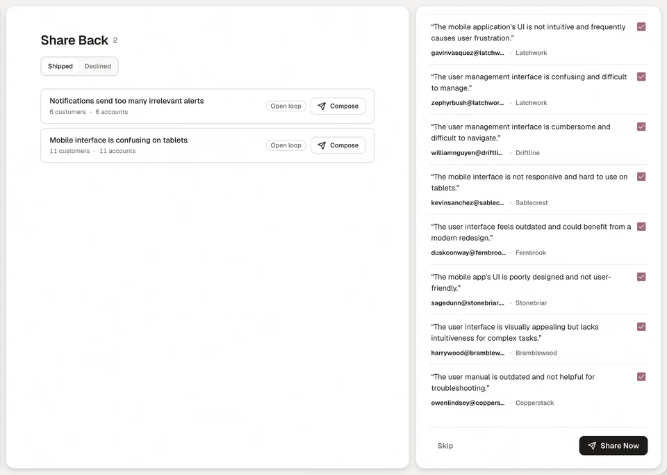 Share Back in Annsa: a note drafted for each person who asked, ready to review and send