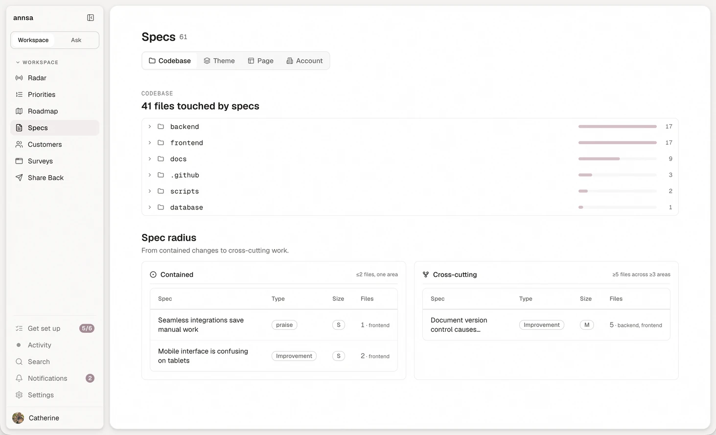 Annsa's spec map: 41 codebase files touched by specs, grouped by area.