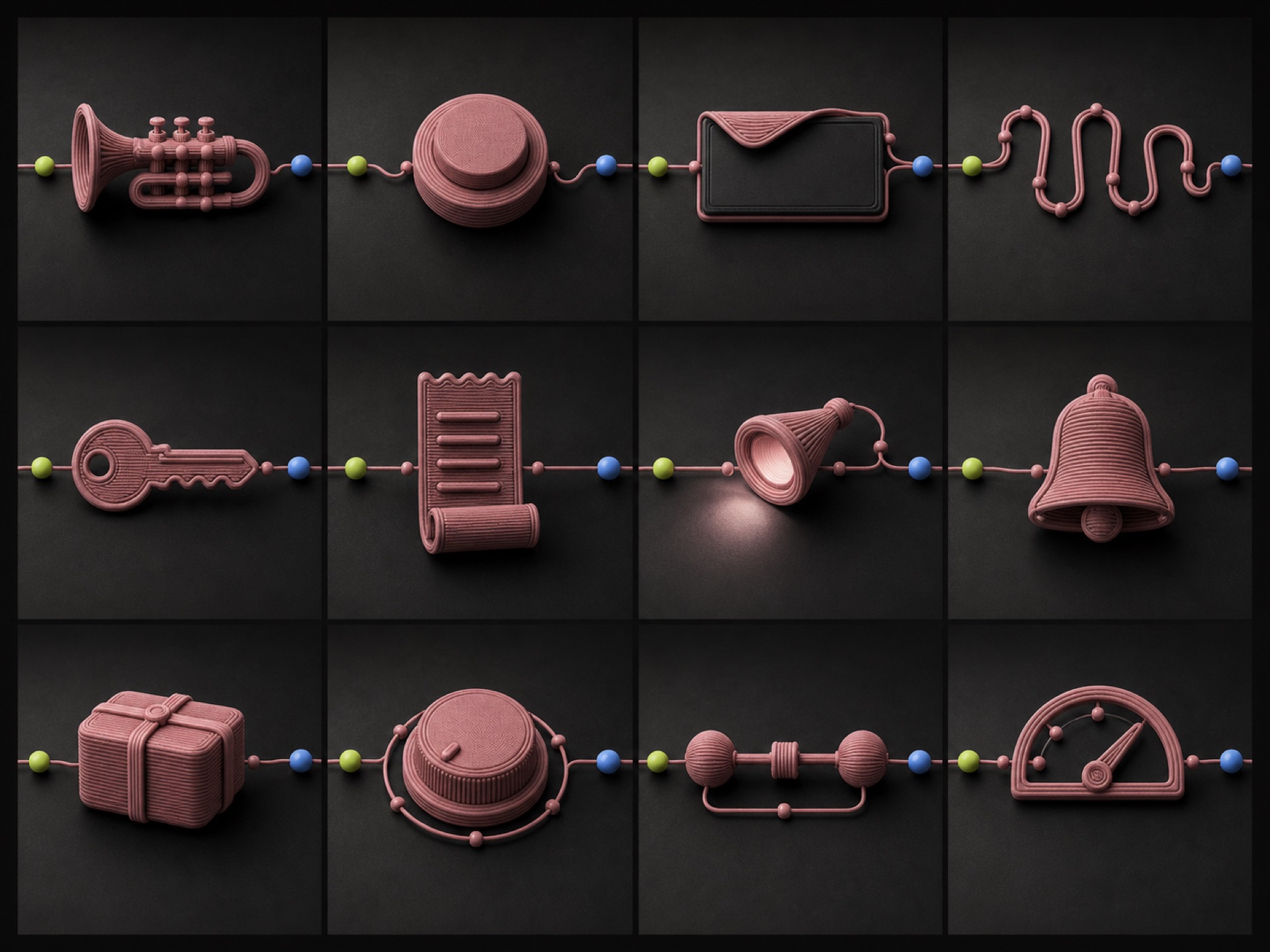 Twelve Annsa features, each strung on a wire between a signal-in dot and an answer-out dot